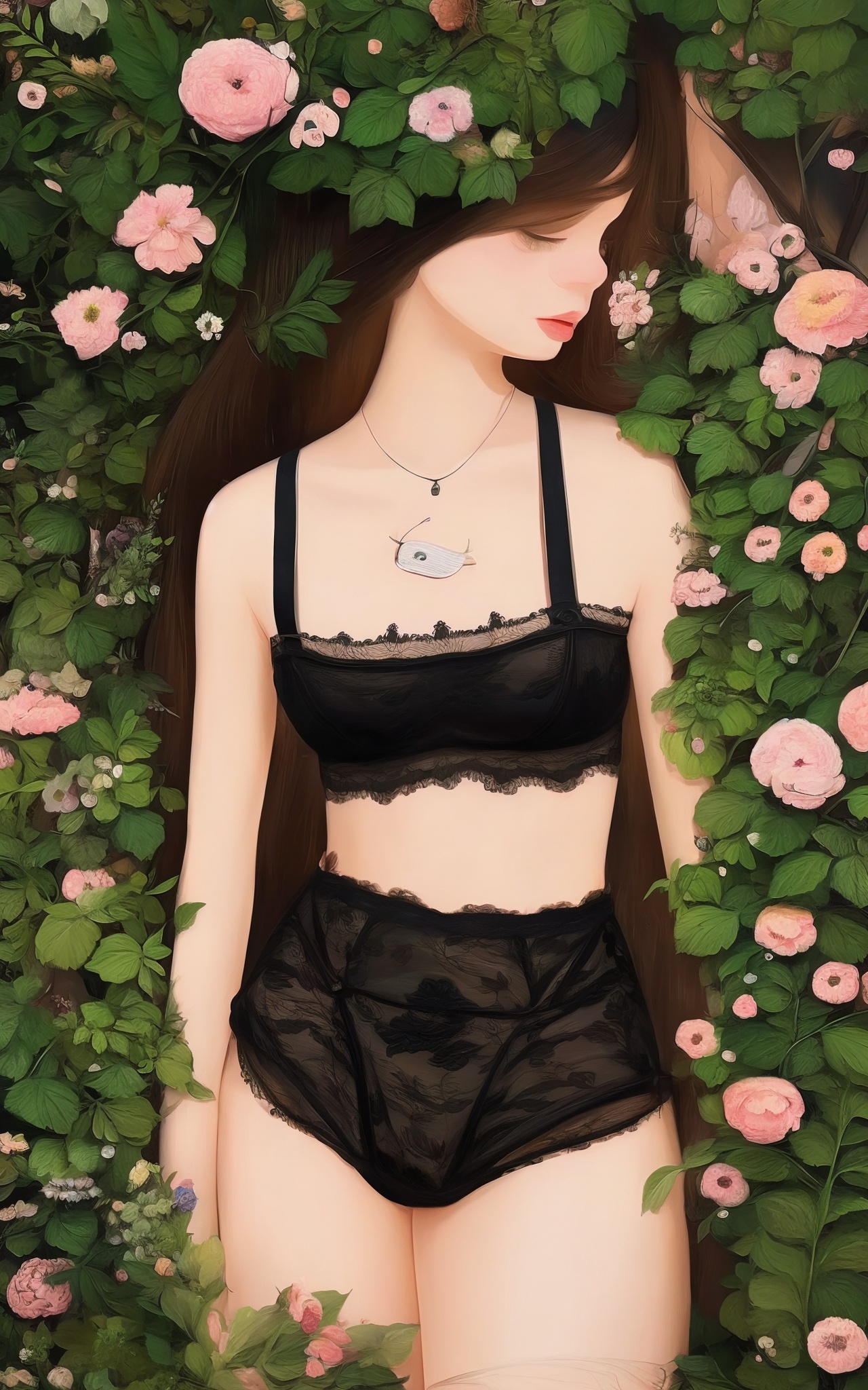 a girl walks in a deserted old train station in black lace underwear,  everywhere is full of vines,  handmade fabric on Te...