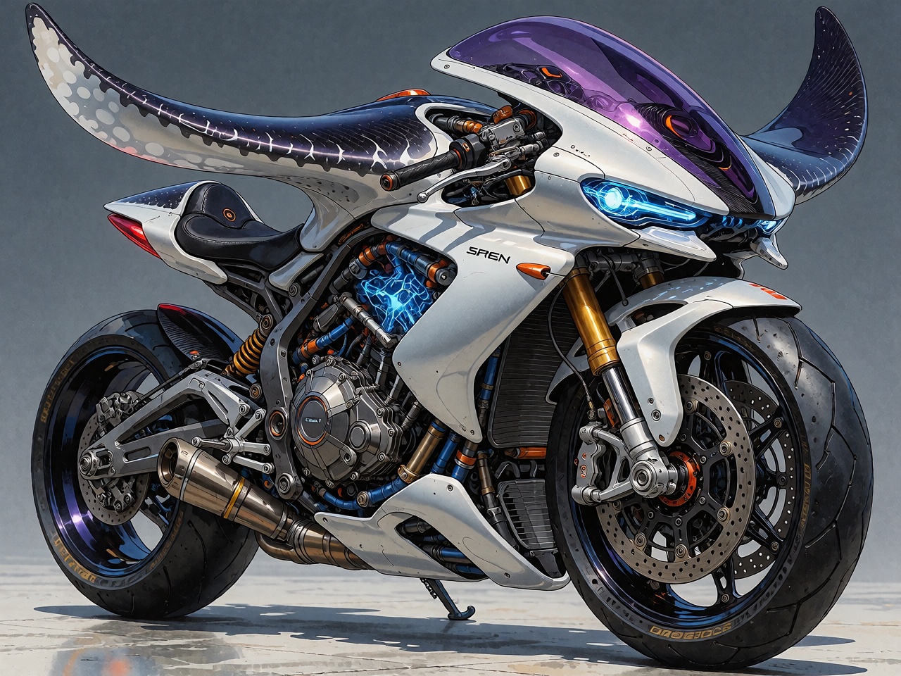 A spectacular futuristic anti-gravity motorcycle inspired by the flowing anatomy of a manta ray,  sleek pearl-white aerody...