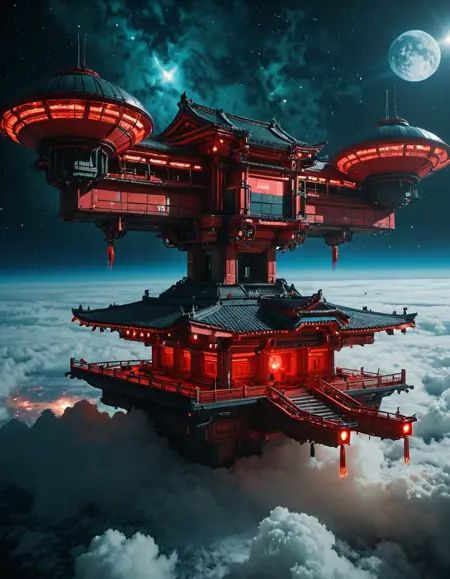 in space,  cyberpunk asian temple,  space station above clouds on Tensor.Art