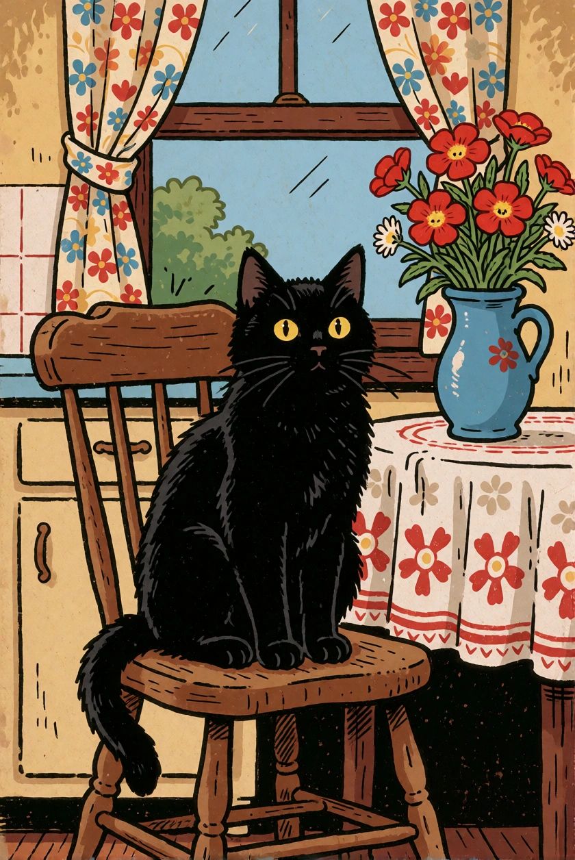 folk comic illustration,  a black cat sitting proudly on a wooden kitchen chair beside a vase of red wildflowers,  cozy fa...