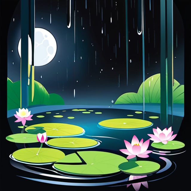 the 24 Traditional Chinese Solar Terms\(Rain Water\),flat,black background,flower,water,sweatdrop,no humans,leaf,moon,scenery,full moon,lily pad,lotus,<lora:lbc_Rain Water_XL-ts:0.6>,