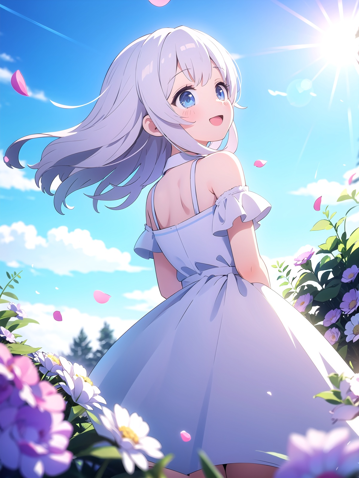 (best quality),((masterpiece)),fisheye,((from above,from behind)),(very wide shot),summer,(lens flare),flower field,cinematic lighting,ray tracing,depth of field,(blurry foreground),(chiaroscuro),cowboy shot,horizon,1girl,white dress,white hair floating in the wind,(looking back),:d,blue eyes,happy,(blue sky, cloudy sky),petals,bird,feather,