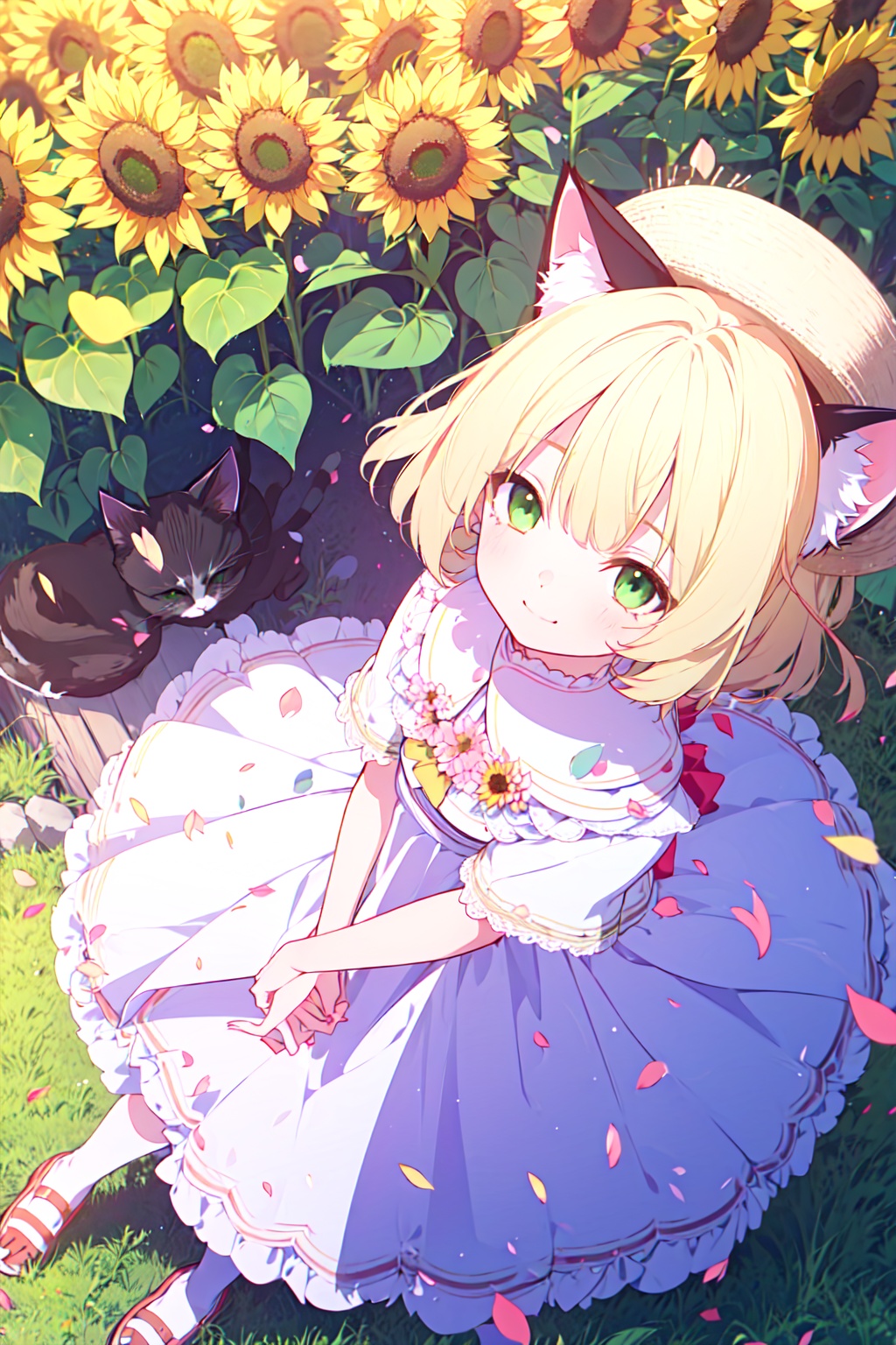 (from above),(Looking up:1.5),sunflower,Straw hat,white dress,Standing on grass,flower,green eyes,((tear ,petal,falling petals,cat ears,smile,stand, blonde hair)),(looking atviewer),