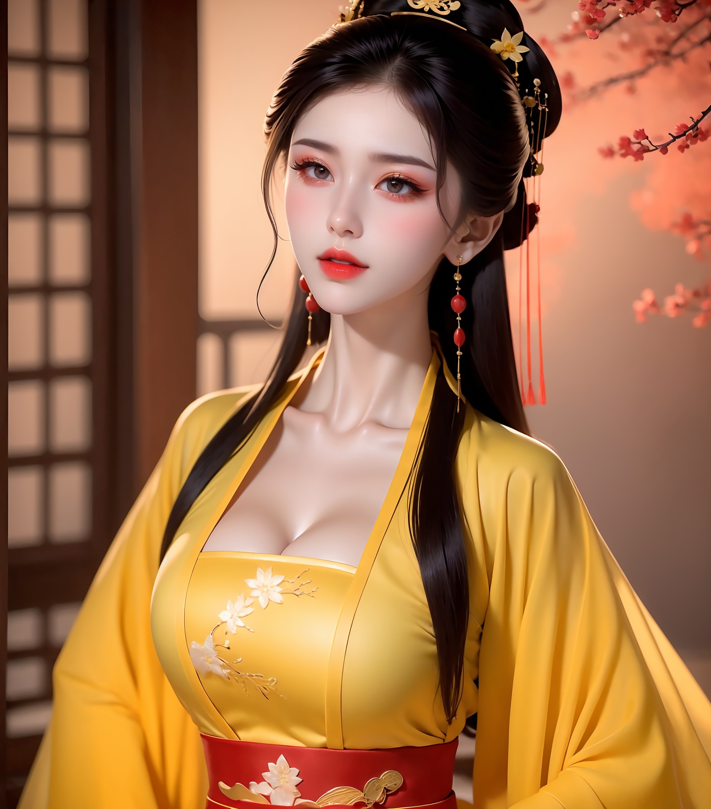 1girl,jewelry,red_lips_,water red lips,drop earrings,eye makeup,black hair,(solo:1.3),full breasts,hanfu,upper body,<lora:汉服AI 1.5:0.8>,embroidery,chest,cleavage,yellow long upper shan,