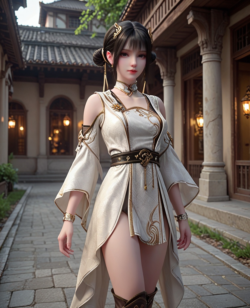 (oriental architecture, elegant decor, sophisticated style:1.1),(Walking with arms swinging freely by the sides,:1.1),looking at viewer,(breasts:1.2),<lora:XL斗破苍穹丹晨:0.9>,miss danchen,brown underdress,white robe,detached collar,belt,shoulder cutout,black eyes,black hair,bangs,sidelocks,hair ornament,double bun,boots,, score_9,score_8_up,score_7_up,score_6_up,score_5_up,score_4_up,3d rendering,tag1,tag2, Cinematic Lighting,backlighting,, zPDXL3, zPDXL2,zPDXL, zPDXLxxx, zPDXLrl,