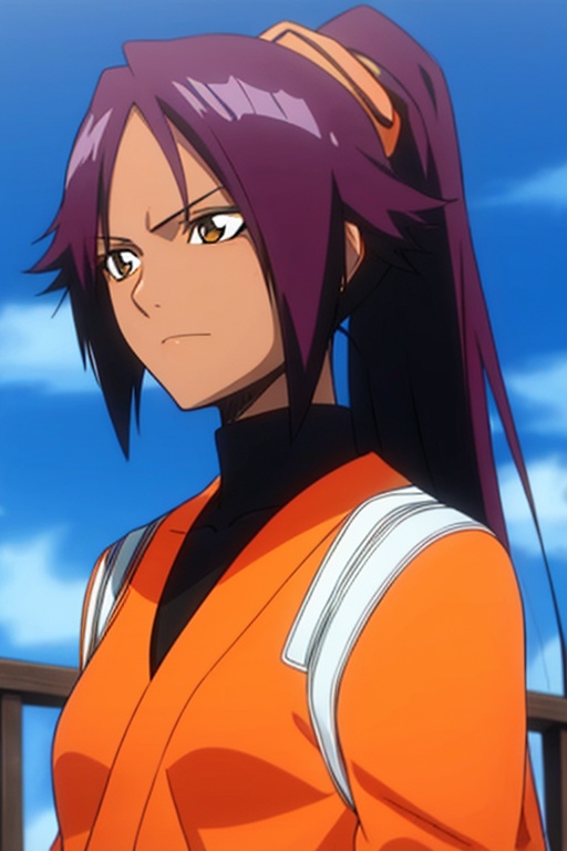 1girl,blue sky,closed mouth,cloud,day,frown,long hair,looking at viewer,orange dress,orange jacket,orange shirt,outdoors,purple hair,serious,shihouin yoruichi,sky,solo,turtleneck,upper body,,<lora:e72fa9c0be4c721e34693c8723c947713514ea9d90376062800ebc592aefb552:0.7>