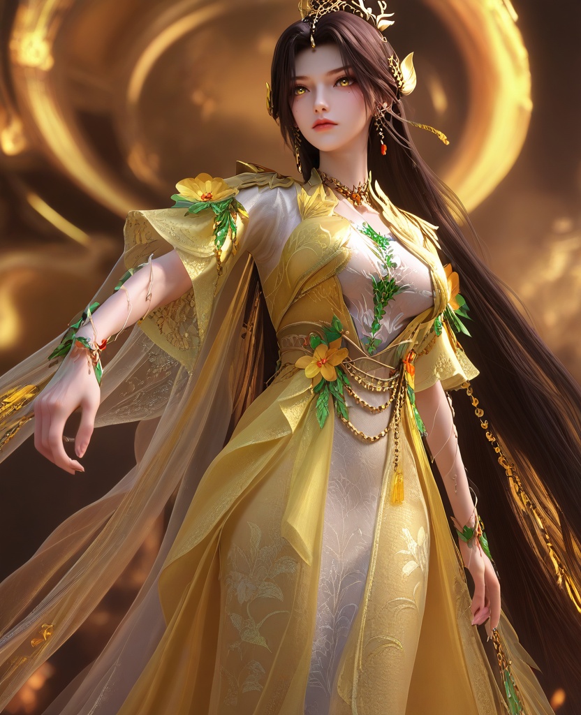 (fidgeting:1.1),(large breasts:1.2),<lora:XL16云深不知梦羲和‌篆木符:0.95>,miss xihe,yellow overdress with white inner dress,white inner dress,yellow eyes,mole under left eye,black hair,absurdly long hair,hair ornament,jewelry,faux floral embellishments,vines bracelet,chain cape,, score_9,score_8_up,score_7_up,score_6_up,score_5_up,score_4_up,3d rendering,tag1,tag2, Cinematic Lighting,backlighting,