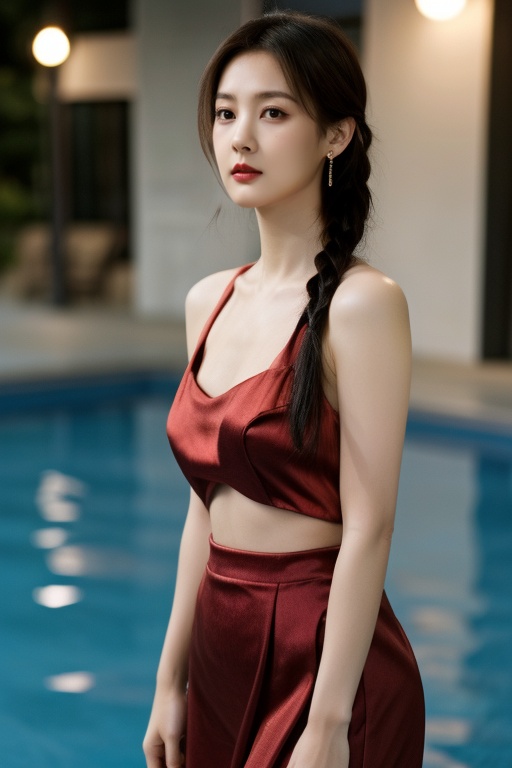 hwgirl,<lora:Hwgirl_V03:0.8>,best quality,realistic,masterpiece,photography,portrait, Woman, Short, Fit, Diamond-Shaped Face, Dark Skin, Golden Blonde Hair, purple Eyes, Straight Nose, Thin Lips, Receding Chin, Shoulder-Length Hair, Thick Hair, Herringbone Braid, perky breasts, Cuff earrings, red satin lipstick, A midi skirt with a tucked in blouse and sandals, groaning, seething, pool light, overcast, Balance, T-shape,close_up,