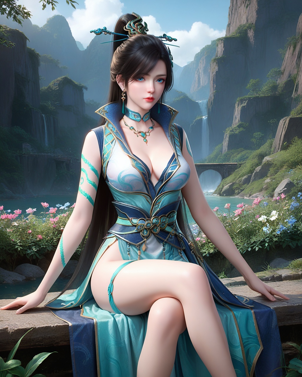 score_9,score_8_up,score_7_up,1girl,long hair,breast,medium breast,earrings,hair_ornament,dress,high quality,thick_thighs,outdoors,sitting,gaden,flower,<lora:wy_qinglin_XL7.0:0.8>,black hair,blue eyes,arm_tattoo,