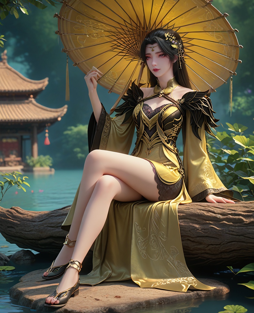 (oriental architecture, elegant decor, sophisticated style:1.1),(Sitting on a tree stump, looking natural,:1.1),(breasts:1.2),<lora:XL16长生界柳如烟:0.95>,miss liuruyan,yellow dress,pink eyes,black hair,long hair,hair ornament,shoulder trim,black lace bra,mole,wide sleeves,overskirt,black footwear,holding umbrella,, score_9,score_8_up,score_7_up,score_6_up,score_5_up,score_4_up,3d rendering,tag1,tag2, Cinematic Lighting,backlighting,