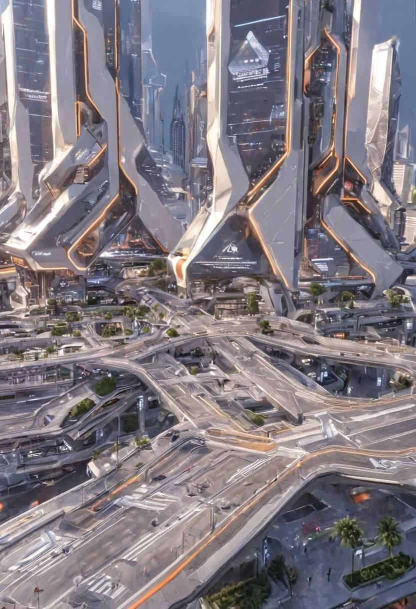 The image depicts a futuristic city skyline dominated by several sleek,  ultra-modern skyscrapers set within a meticulousl...