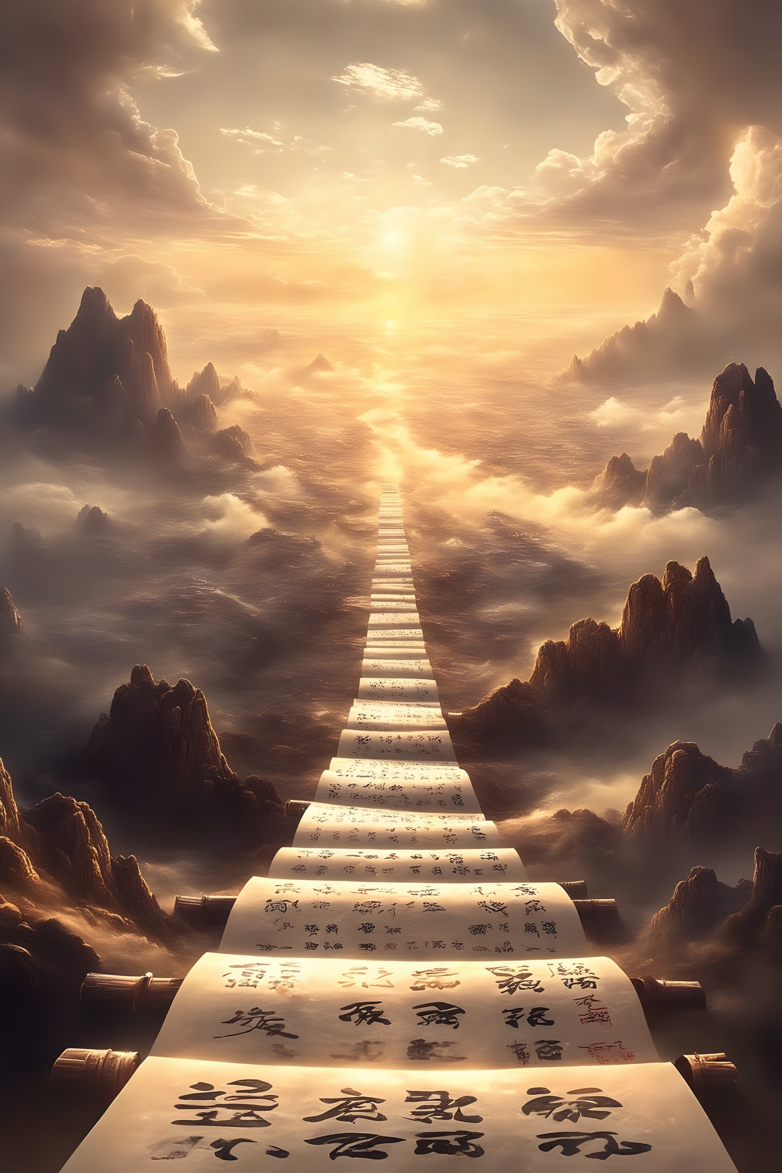 renjie,The image depicts a breathtaking, surreal landscape with a winding path leading through a valley surrounded by towering, jagged mountains. The sky is filled with soft, fluffy clouds, and the sun casts a warm, golden light over the scene. In the foreground, there are large, curved scrolls with intricate, traditional Chinese characters written on them. The scrolls appear to be suspended in mid-air, adding to the mystical atmosphere. The overall composition evokes a sense of tranquility and wonder, blending natural beauty with cultural elements.