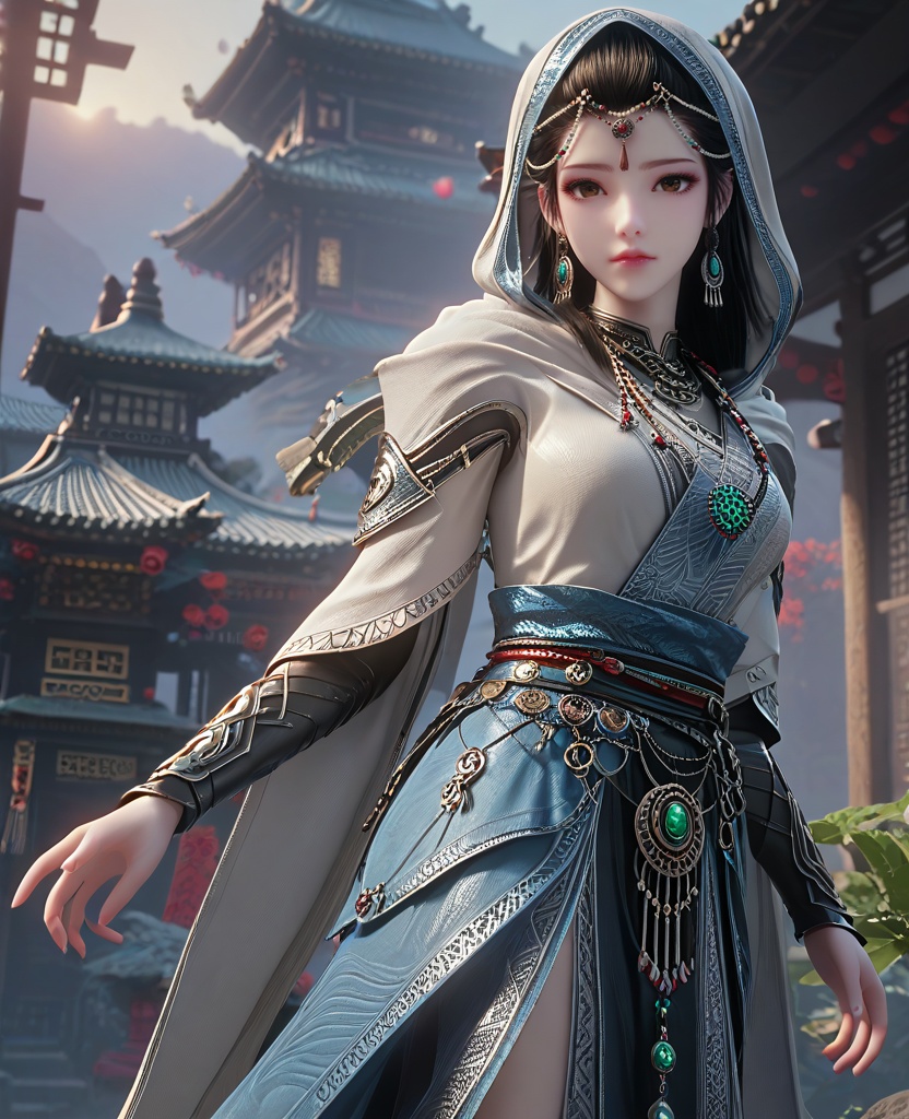 (oriental architecture, elegant decor, sophisticated style:1.1),(on side:1.1),(breasts:1.2),<lora:XL16长生界龙岛兰诺:0.95>,miss lannuo,tiered dress,brown eyes,forehead chain,black hair,long hair,earrings,jewelry,necklace,vambraces,sash,assassin‘s cloak,hood,, score_9,score_8_up,score_7_up,score_6_up,score_5_up,score_4_up,3d rendering,tag1,tag2, Cinematic Lighting,backlighting,