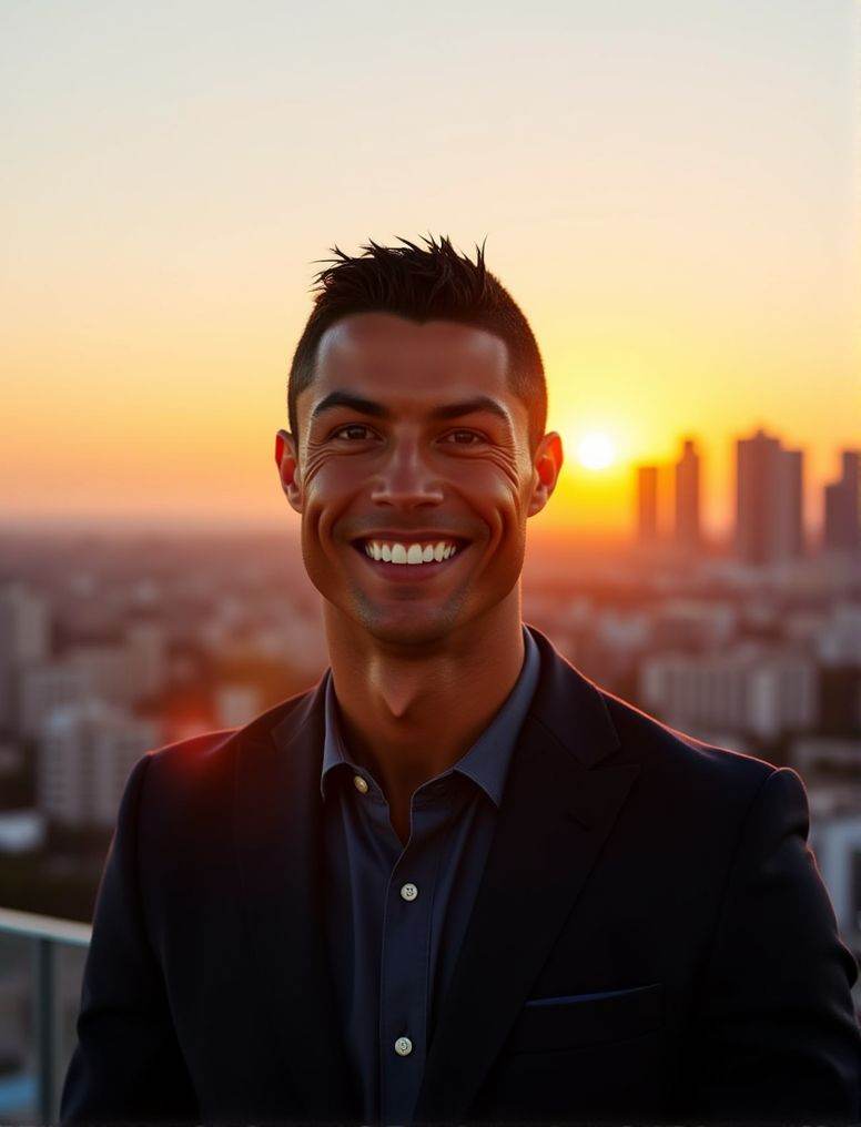 Cristiano Ronaldo ,  In the heart of a bustling city,  under the soft glow of a golden hour sunset on Tensor.Art