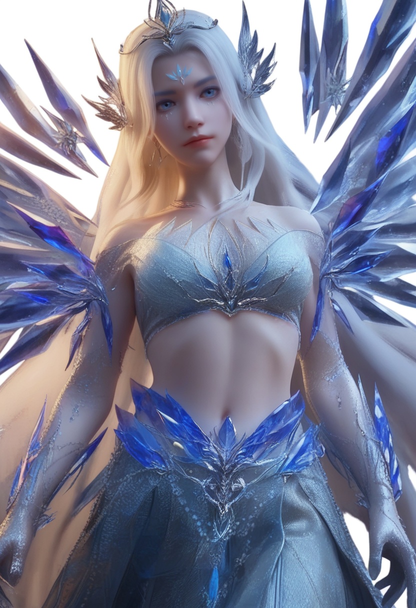 supermodel,score_8_up,score_7_up,hyperdetailed,hyperrealistic,volumetric lighting,focus on face,textured skin,eye lighting,SkinHairDetail,zPDXL,intricate and refined delicate details,unreal engine,very attractive,ultra high res,Expressiveh,realistic skin,score_9,score_8_up,score_9,score_8_up,1 girls,high cold face,yujie,jewelry,beautiful eyes,detailed eyes,best quality,<lora:云望舒神识:0.8>,long hair,blue eyes,white background,white hair,jewelry,hair ornament,skirt,long skirt,midriff,earrings,ice,simple background,tiara,crystal,wings,looking at viewer,yunwangshu,