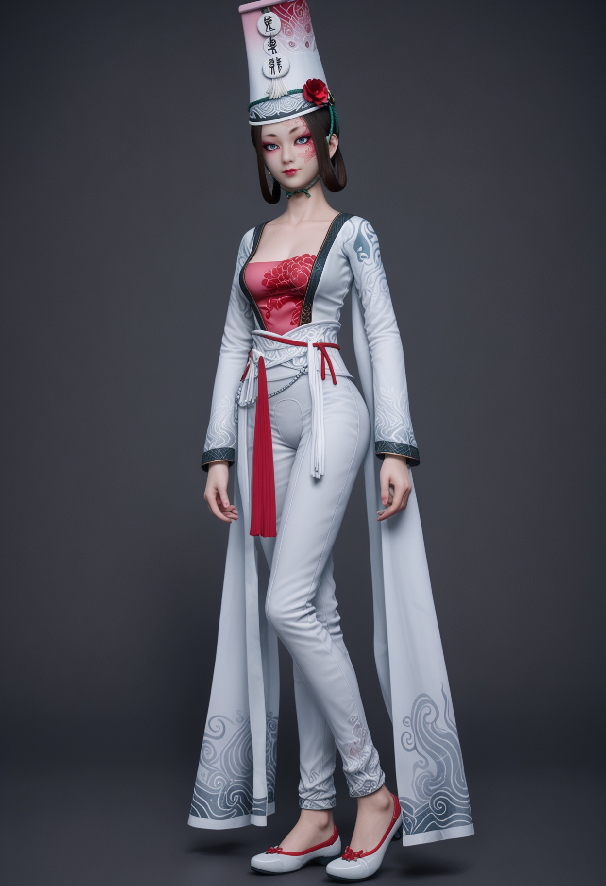 (standing full_body:1.1),(looking at viewer:1.1),facing viewer,direct gaze,<lora:YQ_pony_baiwuchang_changxuanlin_V4:0.8>,q1528437228,1girl,solo,black hair,hat,hair flower,makeup,chinese clothes,dress,hair ornament,long sleeves,grey eyes,blue eyes,facepaint,hair rings,eyeshadow,pants,jewelry,headwear,long hair,facial mark,short hair,brown hair,shoes,BREAK simple background,pure black background,black background,perfect anatomy,