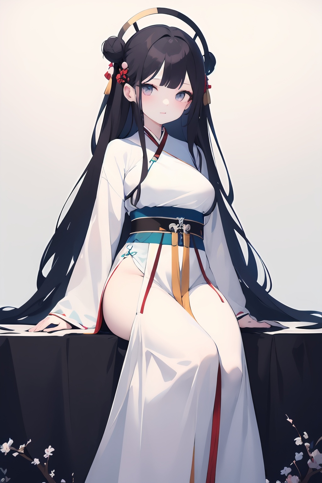 masterpiece,best quality,1girl,a plump chest,long hair,hanfu,looking at viewer,elegant sitting posture,simple background,solo,<lora:lbc_hanfu:0.6>,<lora:lbc_shaxian_dress:0.4>,
