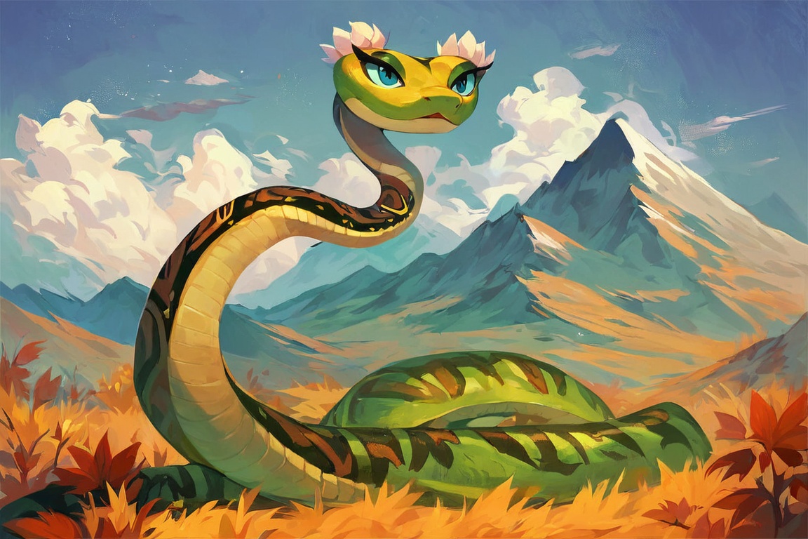 Masterpiece,Best Quality,master viper,snake,grass,full body,feral,solo,perfection detail,extreme detail,solo,green body,simple background,<lora:aki:0.8>,score_9,score_8_up,score_7_up,score_6_up,in autumn,mountain,headdress,
