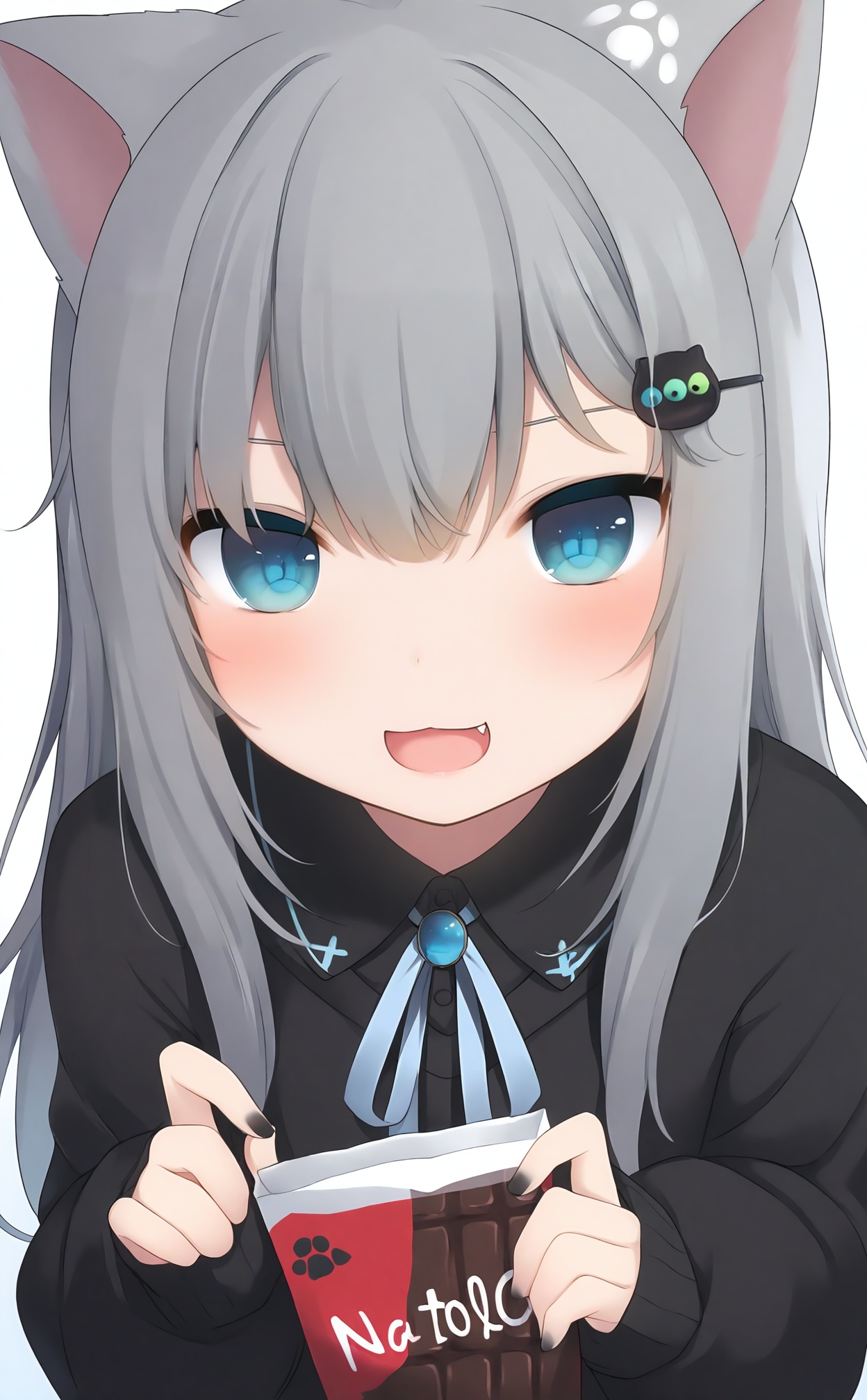 masterpiece,absurdres,best quality,loli,petite,high quality,//,1girl,grey_hair,animal_ears,solo,hair_ornament,chocolate_bar,cat_ears,shirt,upper_body,food,long_hair,long_sleeves,hairclip,smile,blue_eyes,sleeves_past_wrists,chocolate,looking_at_viewer,fang,gradient_background,black_shirt,holding,nail_polish,:d,collared_shirt,brooch,candy,white_background,black_nails,:3,open_mouth,cat_girl,blush,blue_background,holding_food,puffy_sleeves,eyebrows_hidden_by_hair,sweater,neck_ribbon,hair_between_eyes,dress_shirt,virtual_youtuber,jewelry,puffy_long_sleeves,ribbon,//,<lora:gancheng1214——【noob】hans:1>,