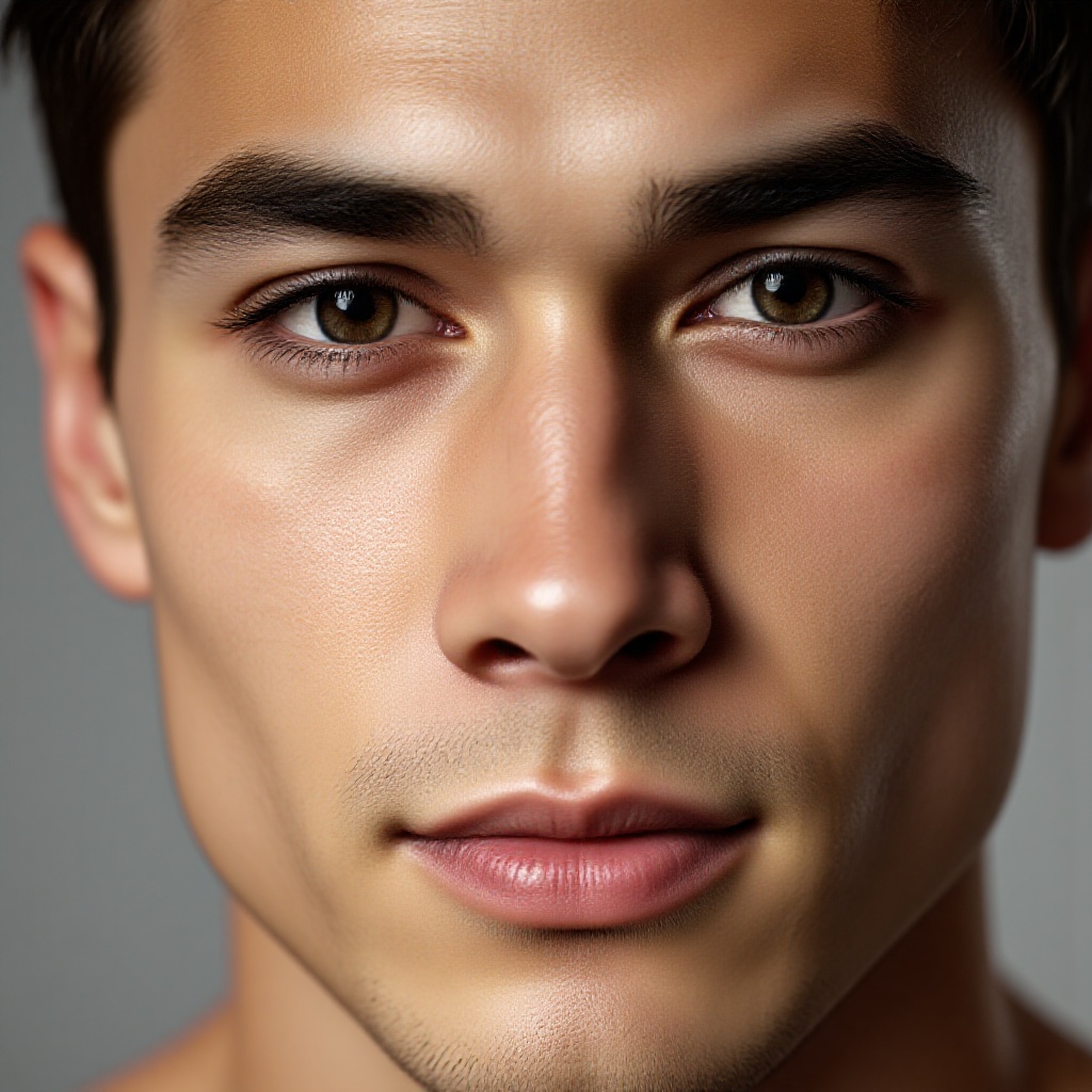 A surreal close-up portrait of a 20-year-old man looking straight into the camera with a calm and confident expression. Smooth skin,clean skin.,