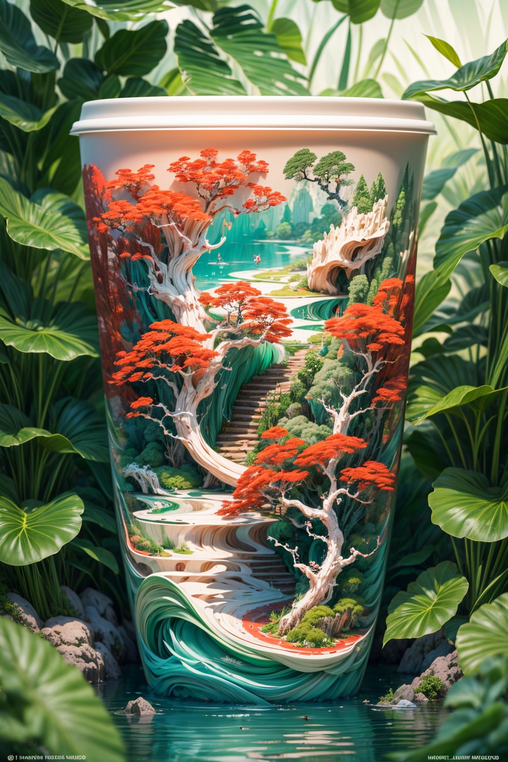 (masterpiece, high quality, best quality, official art: 1.2), a paper cup surrounded by lights and many plants points to the forest at night, the visual center has a close-up of red flowers, surreal style, neon lights, birds and flowers, surreal water, mysterious jungle, light red and green, huge scale, style vibrant fantasy landscape, surreal water, flora and fauna accurate, immersive, vibrant and bold, precise and sharp, colorful fantasy reality style, advertising poster, surrealist fantasy style, cream organic fluid, ray tracing, foreground occlusion, realistic light depiction, natural light, OC rendering, studio lighting