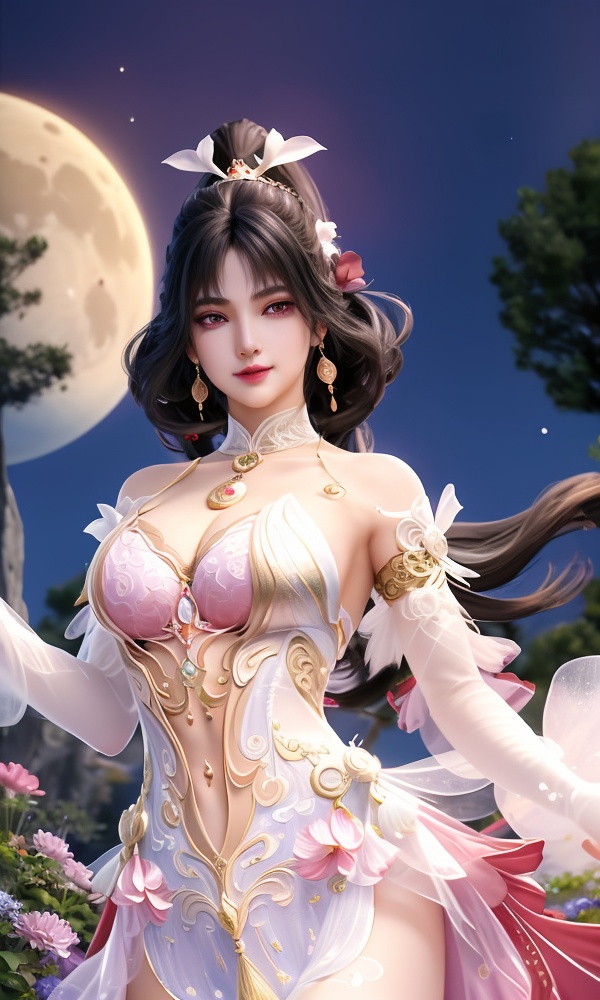 (,1girl, ,best quality, ),looking at viewer, <lora:454-DA-永劫无间-斗罗大陆-小舞:0.8> ,,ultra detailed background,ultra detailed background,ultra realistic 8k cg, ,masterpiece, (( , )),, realistic,science fiction,mole, ultra realistic 8k cg, ,     ,crescent moon, jasmine \(flower\),     (cleavage), (),
