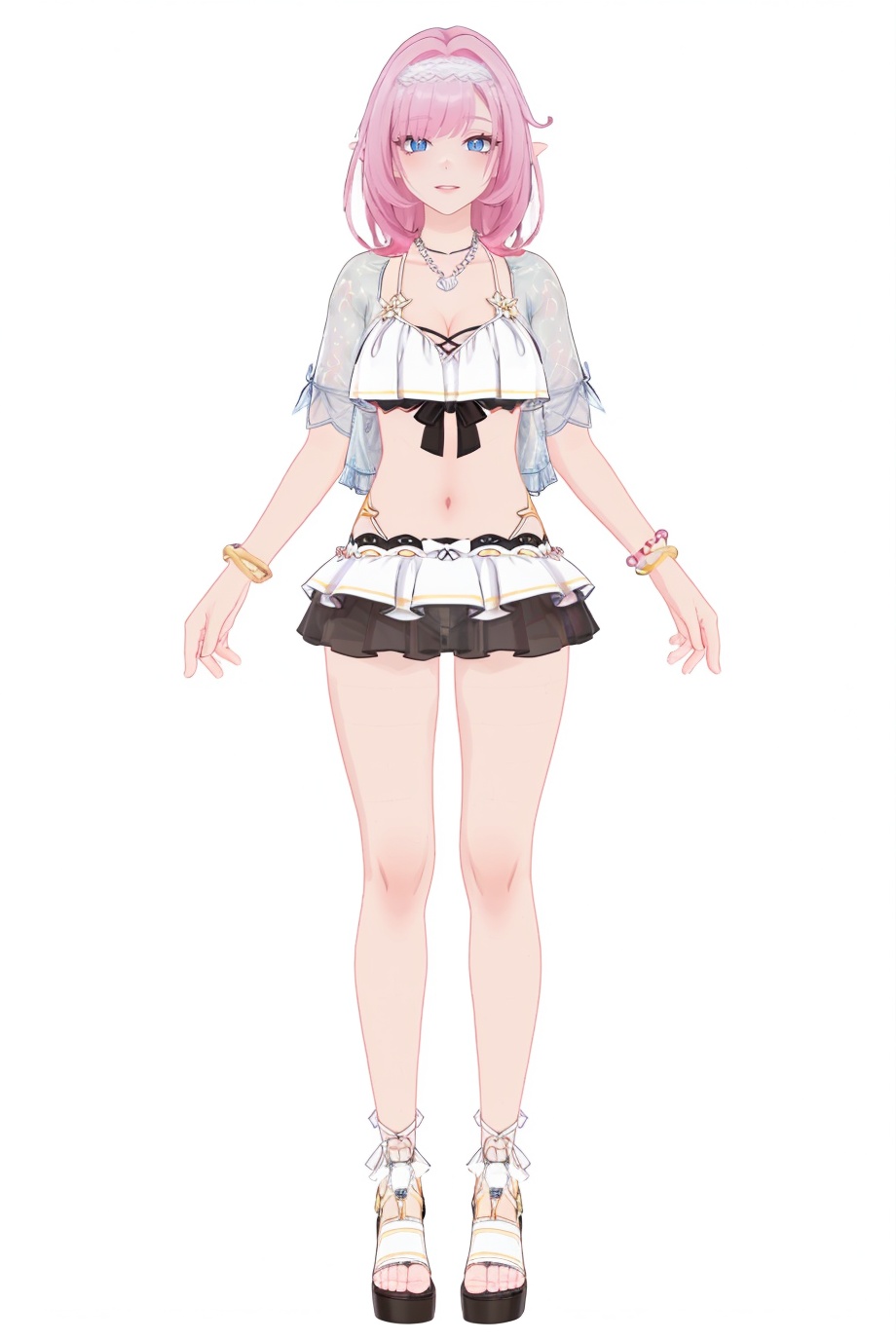 8k,best quality,masterpiece,(ultra-detailed),(high detailed skin),(by nanoless, by misumi \(macaroni\),:0.5),A full-body portrait of a young girl,standing gracefully,pastel art style,high-key lighting,shoujo manga influence,hd quality,delicate details,full body,full shot,standing,looking at viewer,(solo:1.2),simple background,(white background:1.2),<lora:Elysia-sd-Tanger-000019:0.8>,elysia \(honkai impact\),Elysiasw,clothes: Elysiasw swimsuit,Elysiasw bikini skirt,1girl,solo,white background,Elysiasw bikini,pink hair,blue eyes,white breasts,bangs,long hair,necklace,frilled bikini,pointy ears,jewelry,sandals,