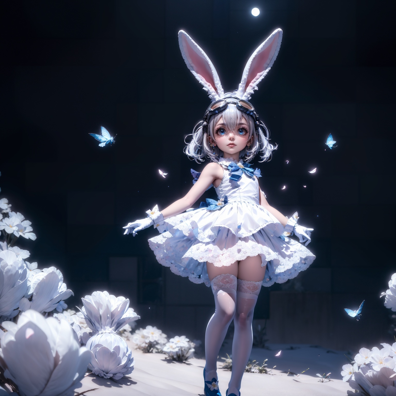 tutututu,1girl,solo,wrist cuffs,rabbit ears,white dress,white gloves,blue footwear,goggles on head,sleeveless dress,bangs,blue bow,white hair,short hair,white thighhighs,<lora:lihaigeQ-000006:0.95>,1girl,(colorful),(finely detailed beautiful eyes and detailed face),cinematic lighting,bust shot,extremely detailed CG unity 8k wallpaper,((flying petal)),(Flowery meadow),sky,cloudy_sky,building,moonlight,moon,night,(dark theme:1.3),light,fantasy,