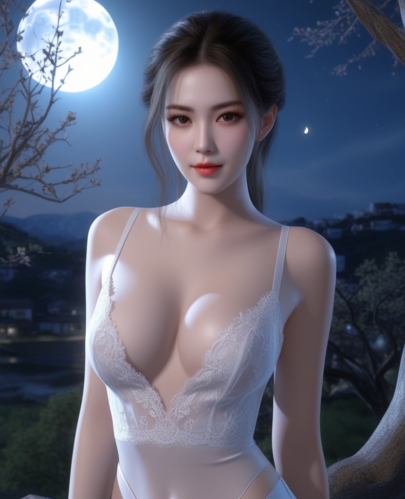 <lora:609-DA-XL-天行九歌-焰灵-水中:0.8>(,1girl, ,best quality, ),looking at viewer,  ,ultra detailed background,ultra detailed background,ultra realistic 8k cg, ,masterpiece, (( , )),, ,fiction,mole,,      ,(cleavage), (),  ,see-through, lace, (((, solo, moon, , bare_tree, )))(cleavage),