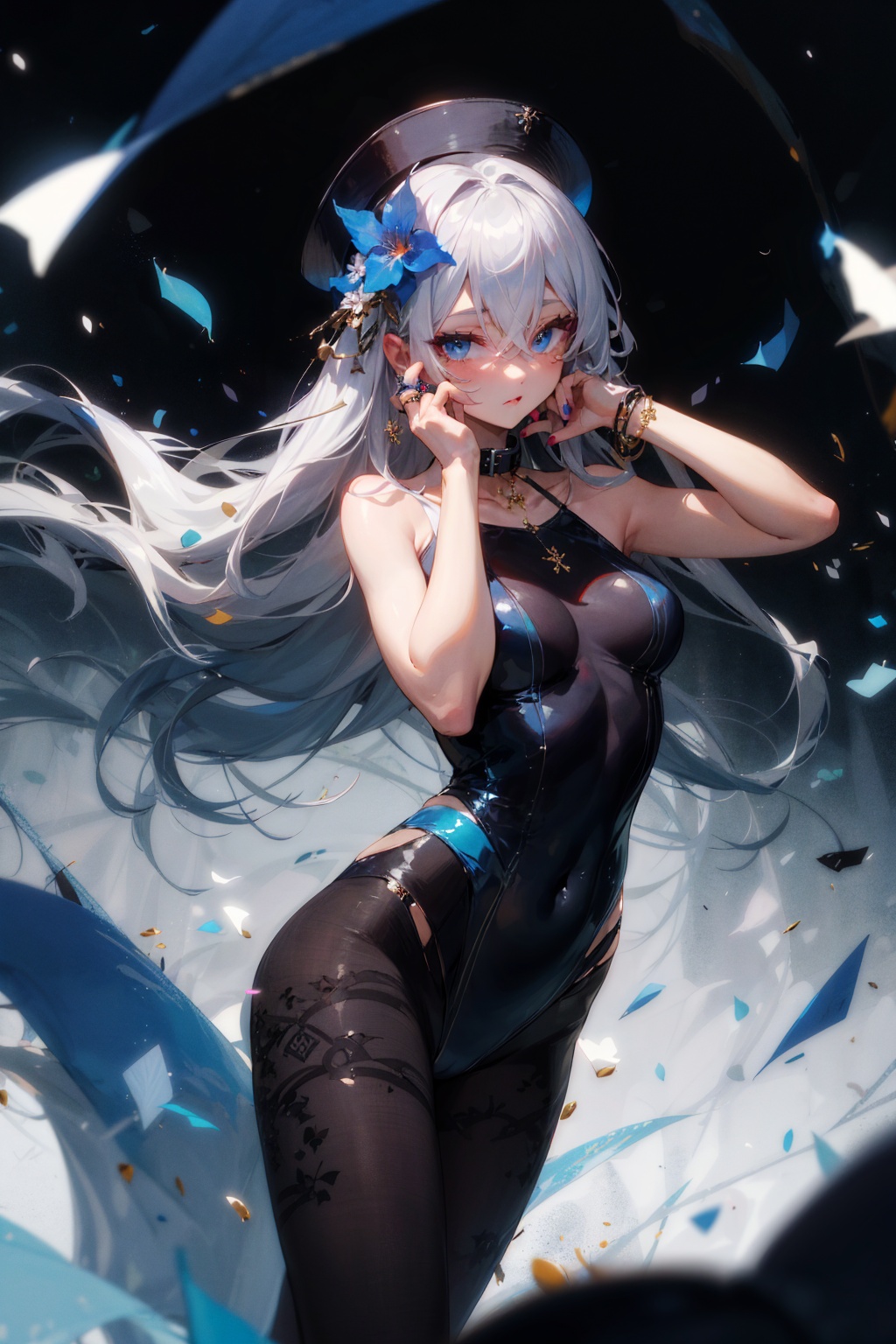 tutututu, black one-piece swimsuit, collar, navel, black pantyhose, -1girl, blue eyes, solo, long hair, blue nails, looking at viewer, white hair, flower, jewelry, floating hair, nail polish, ring, hat, hair ornament, bare shoulders, breasts, white nails, bangs, hair between eyes, hands on own face,White hell, <lora:add_detail:0.2>