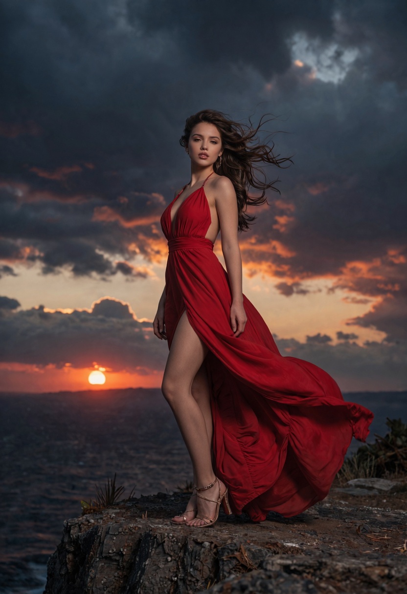 masterpiece,  beautiful woman in flowing red dress standing on a cliff during sunset storm,  dramatic clouds on Tensor.Art