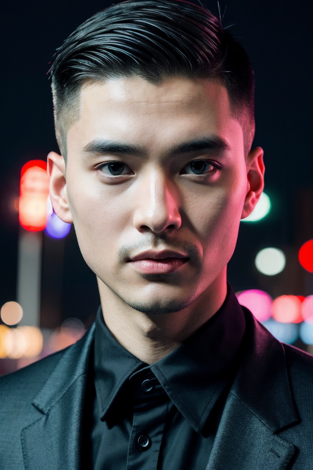 1man,asians,30 years old,art by Brandon Woelfel,buzz cut,male focus,suit,very detailed,85mm lens,4k,Canon 5D,ZEISS lens,sharp focus,facial hair,neon lights,, masterpiece,best quality,