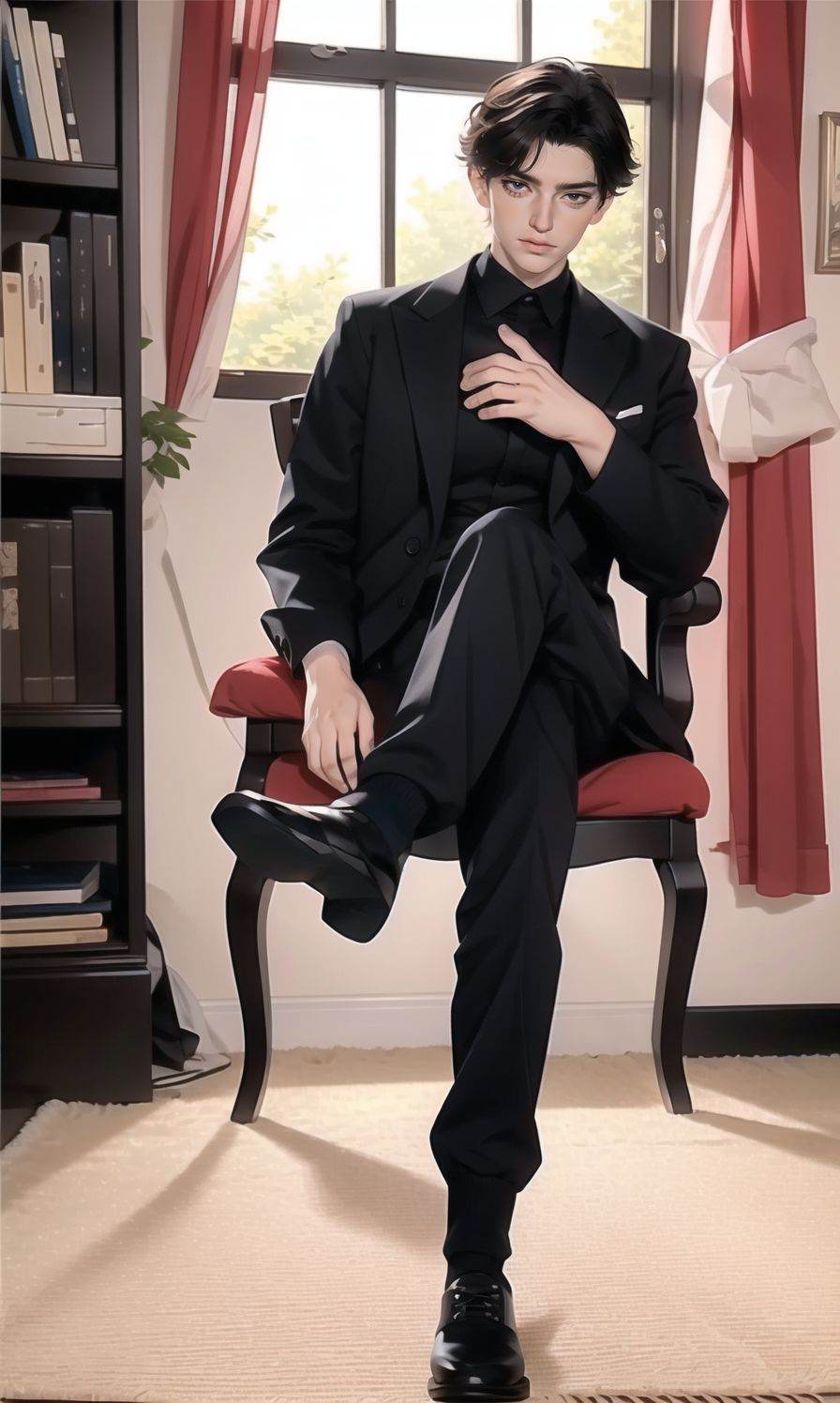 (Masterpiece:1.2), (best quality:1.2), (ultra high resolution:1.2), <lora:LovelyDoll3.0:0.65> male focus, solo, 1boy, chair, window, sitting, indoors, curtains, jewelry, crossed legs, book, jacket, pants, lamp, ring, shoes, short hair, black hair, long sleeves, white pants, socks, carpet, bookshelf, looking at viewer, full body, black footwear, black shirt, facial hair