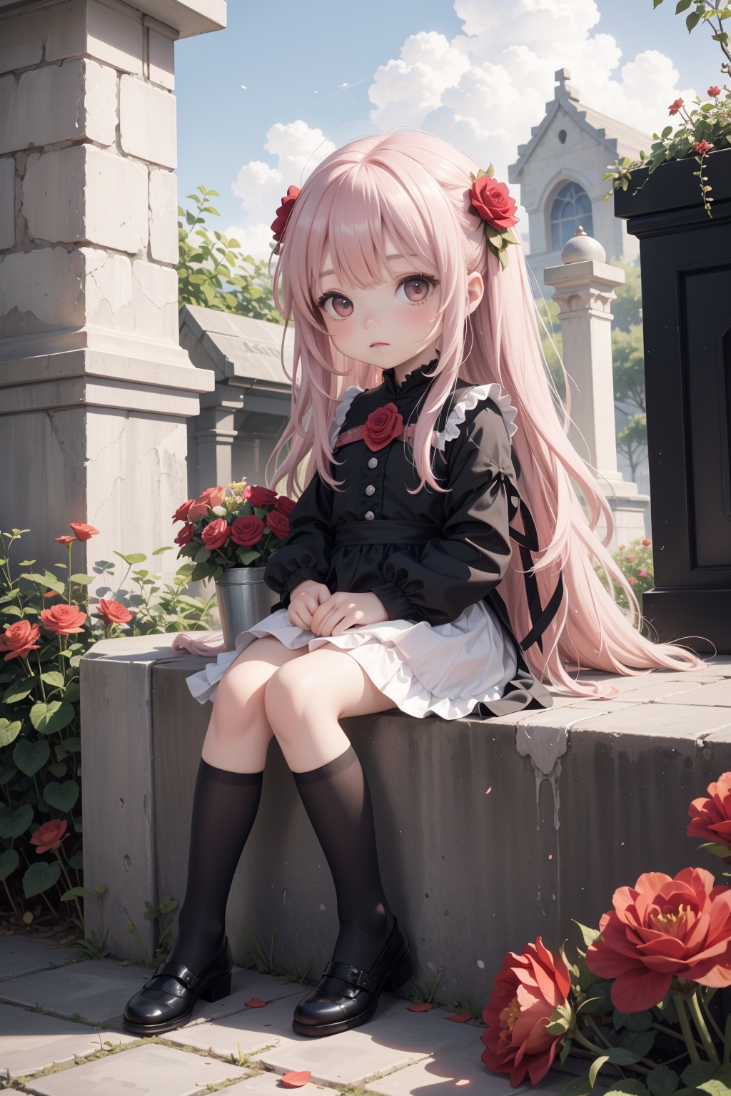 .,(loli:1.5),(5yo:1.5),(very_long_hair,:1.3),(masterpiece),(best quality),loli,1girl,apple,blonde_hair,blood,book,bouquet,building,camellia,castle,cloud,cross,defloration,dress,falling_petals,flower,hibiscus,holding_flower,leaf,long_hair,orange_flower,outdoors,petals,pink_rose,plant,red_flower,red_rose,rose,rose_petals,sitting,sky,spider_lily,stairs,strawberry,thorns,tombstone,tower,tulip,vase,vines,watering_can,wind,