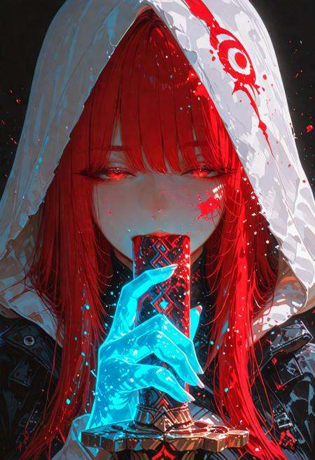 *****,
1woman,
masterpiece, newest,absurdres,incredibly absurdres, best quality, amazing quality, very aesthetic,
(colorful splashes:1.1), (shining:1.1), (focus on face:1.1), Glowing skin, Strong contrast, long sleeves, simple background, red eyes, weapon, hood, black background, sword, hooded jacket, meme, jacket, hood up, red long hair, glowing, half-closed eyes, looking at viewer