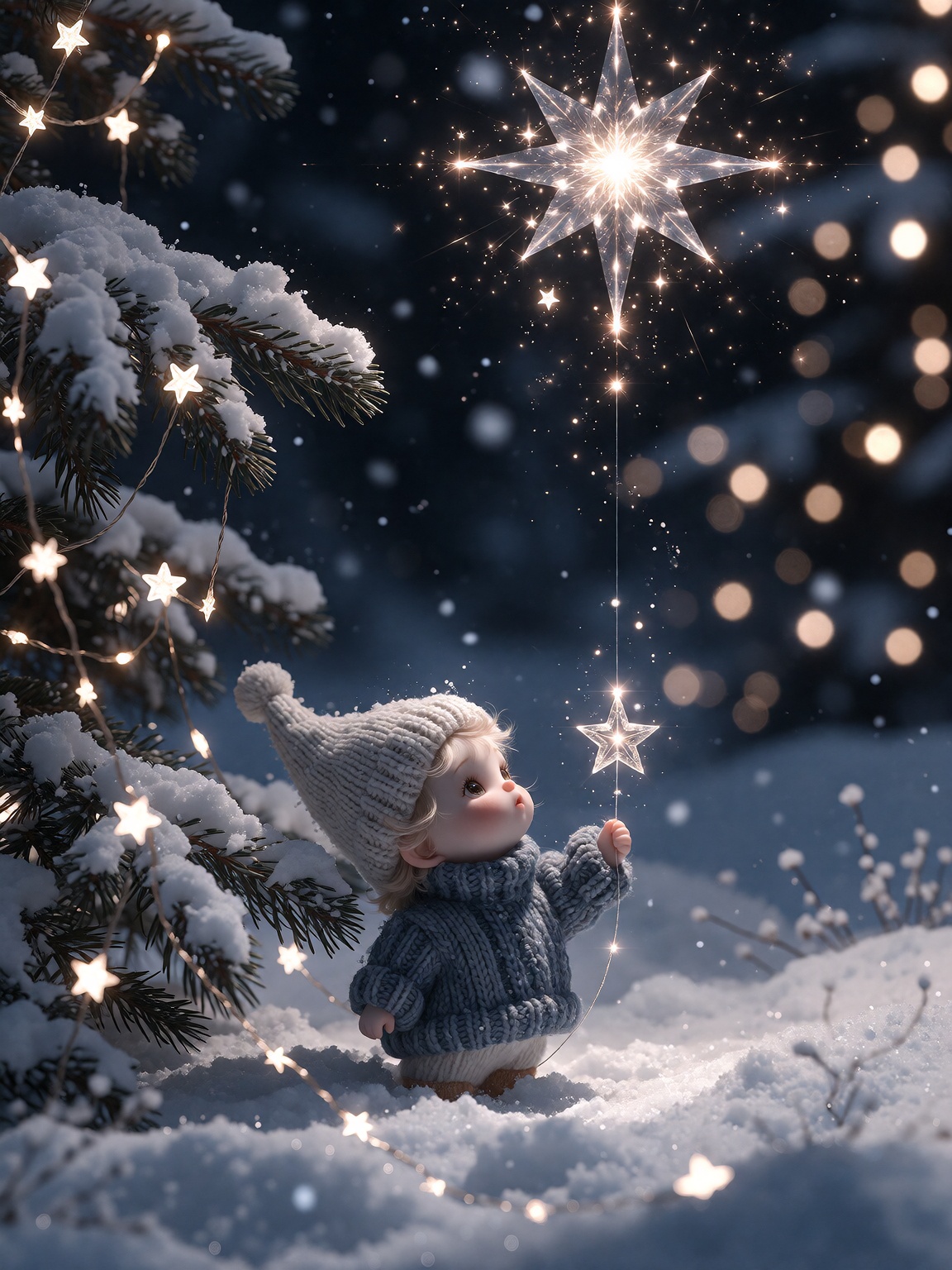 A magical winter night scene featuring a small,  adorable,  stylized gnome-like creature standing on a pristine snow-cover...