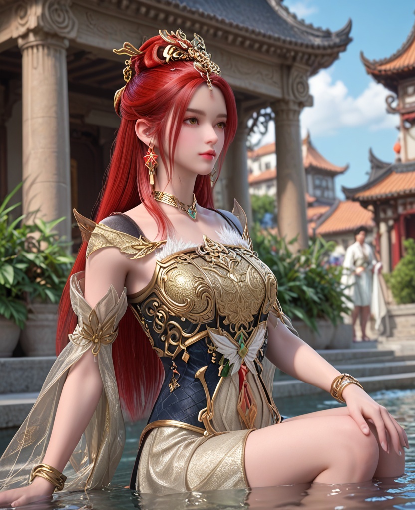 (oriental architecture, elegant decor, sophisticated style:1.1),jumping in a puddle,(breasts:1.2),<lora:XL完美世界天人族姐妹花P2:0.9>,elder sister,armor,red hair,hair stick,yellow eyes,earrings,jewelry,necklace,bracelet,, zPDXL2, score_9, score_8_up, score_7_up BREAK realistic, masterpiece,best quality, highly detailed,, zPDXL3, zPDXL2,zPDXL, zPDXLxxx, zPDXLrl,