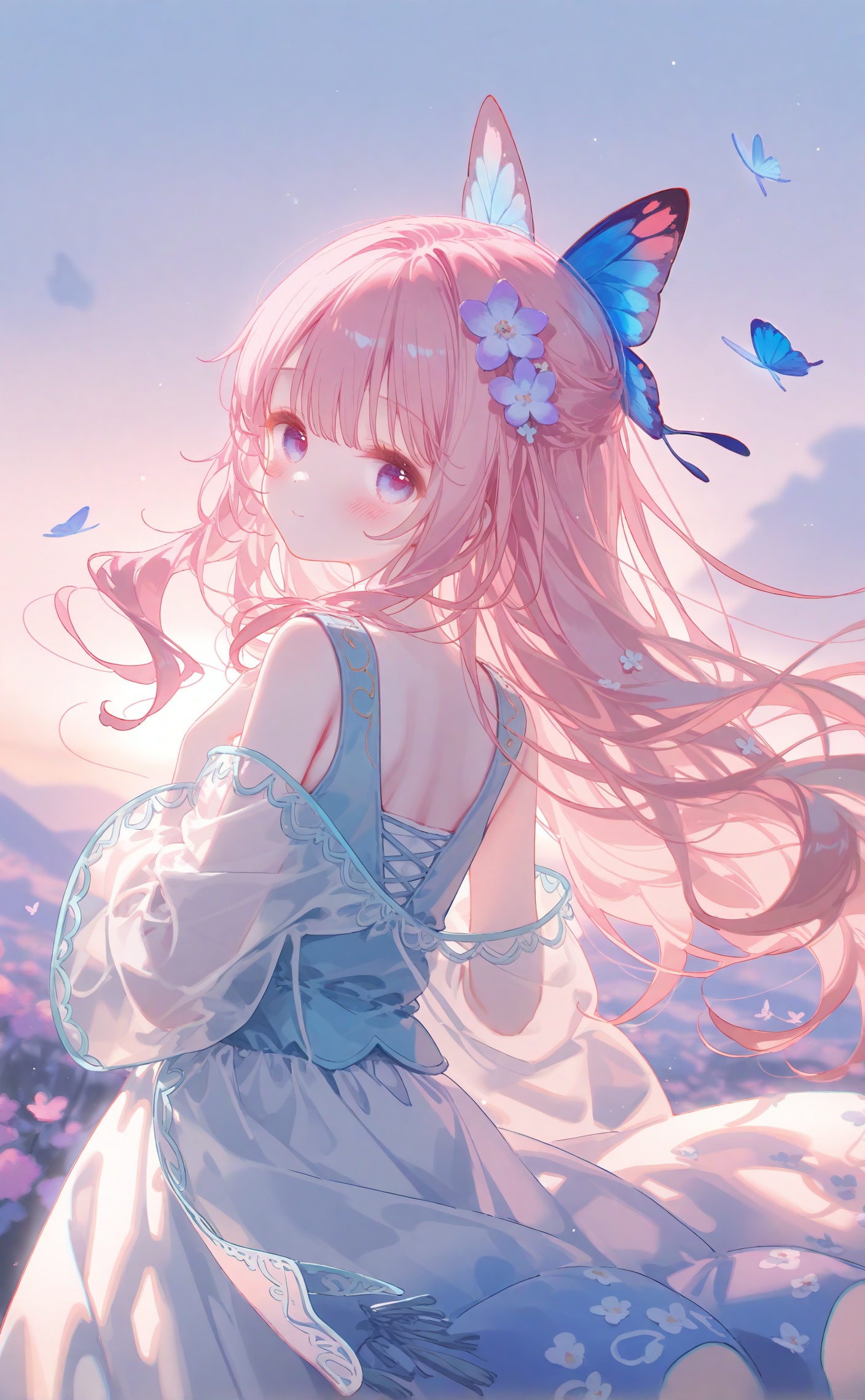 masterpiece,very aware,highres,absurdres,newest,best quality,loli,petite,high quality,chromatic_aberration,cinematic_angle,dutch angle, nyalia, //,artist:ciloranko,artist:ningen_mame,artist:sho_(sho_lwlw),artist:rhasta,artist:wlop,artist:ke-ta,artist:hiten \(hitenkei\),//,best quality,masterpiece,anime style,female character,pastel colors,flowing hair,flower accessories,whimsical,ethereal,looking back pose,large eyes,light effects,semi-transparent fabrics,playful expression,decorative patterns,fantasy,butterflies,sparkling,high saturation,vertical composition,vibrant textures,outdoor setting