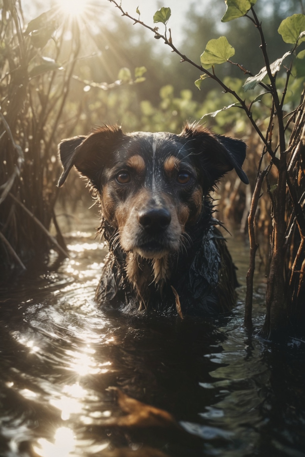 35mm Vintage photo of a dog in the swamps sticks its head out of the water,  vines,  drinking the water on Tensor.Art