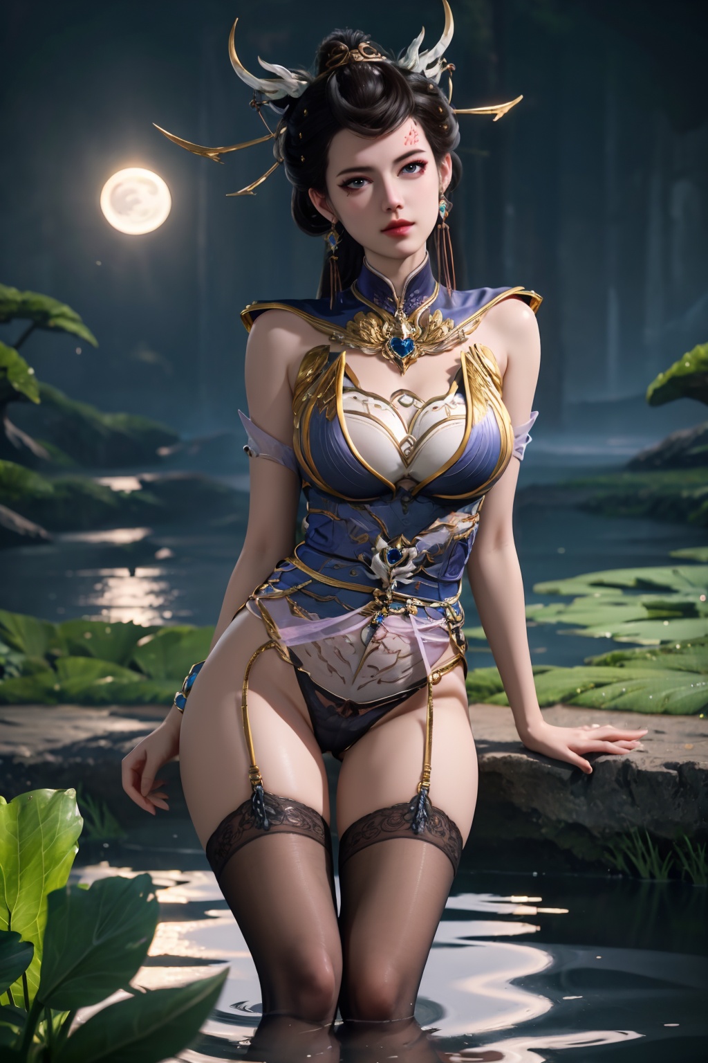 standing,flower,full_moon,moon,night,lily_pad,lotus,moonlight,water,night_sky,lily_\(flower\),sky,partially_submerged,1girl,solo,hair ornament,long hair,realistic,nail polish,photo_\(medium\),(big breasts, cleavage),makeup,(8k, RAW photo, best quality, masterpiece:1.2),(realistic, photorealistic:1.3),ultra-detailed,extremely detailed cg 8k wallpaper,(crystalstexture skin:1.2),extremely delicate and beautiful,(sexy pose:1.2),wearing edgHL,see-through,thighhighs,sexy lingerie,(big breasts:1.2),silk,thin transparent silk,torn pantyhose,