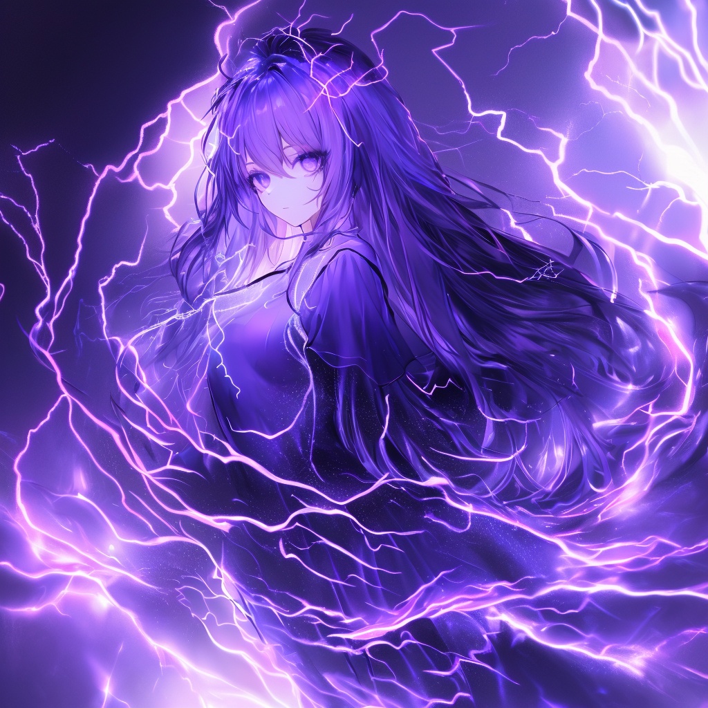 masterpiece,best quality, ultra-detailed, 1girl, beautiful detailed eyes, beautiful detailed glow, detailed lightning, beautiful detailed lightning,  long hair, lightning,glowing,electricity,gradient,light,(((Purple dress))),Purple Theme,Lightning hair,fully body,makeup <lora:ldv2-000008:0.8>，Lightning surrounds the body