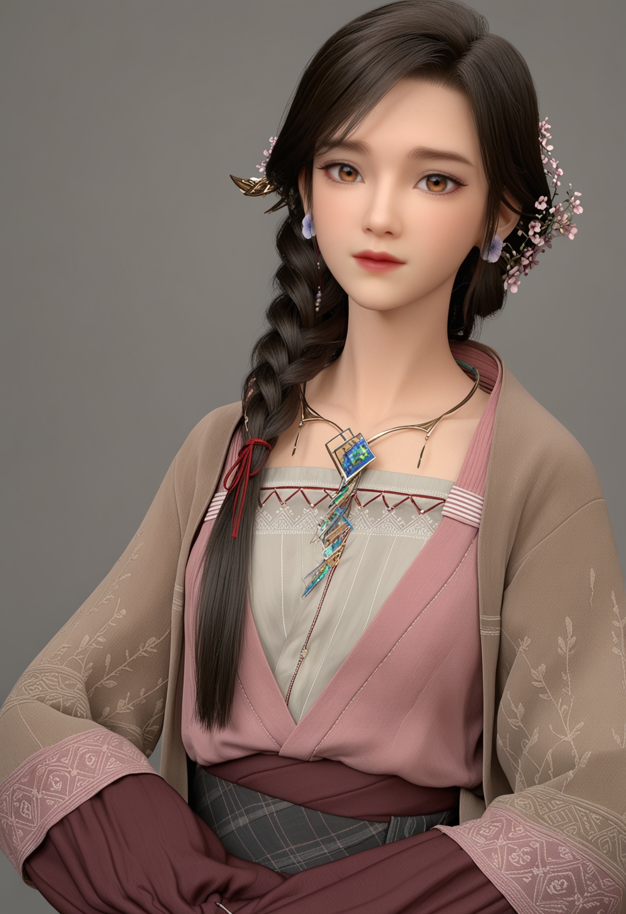 (upper_body:1.2),(looking at viewer:1.1),facing viewer,direct gaze,<lora:YQ_pony_yingmo_V4:0.8>,q1528437228,1girl,solo,jewelry,long hair,hair ornament,earrings,braid,brown hair,brown eyes,hair flower,necklace,black hair,dress,long sleeves,single braid,BREAK simple background,pure black background,black background,perfect anatomy,