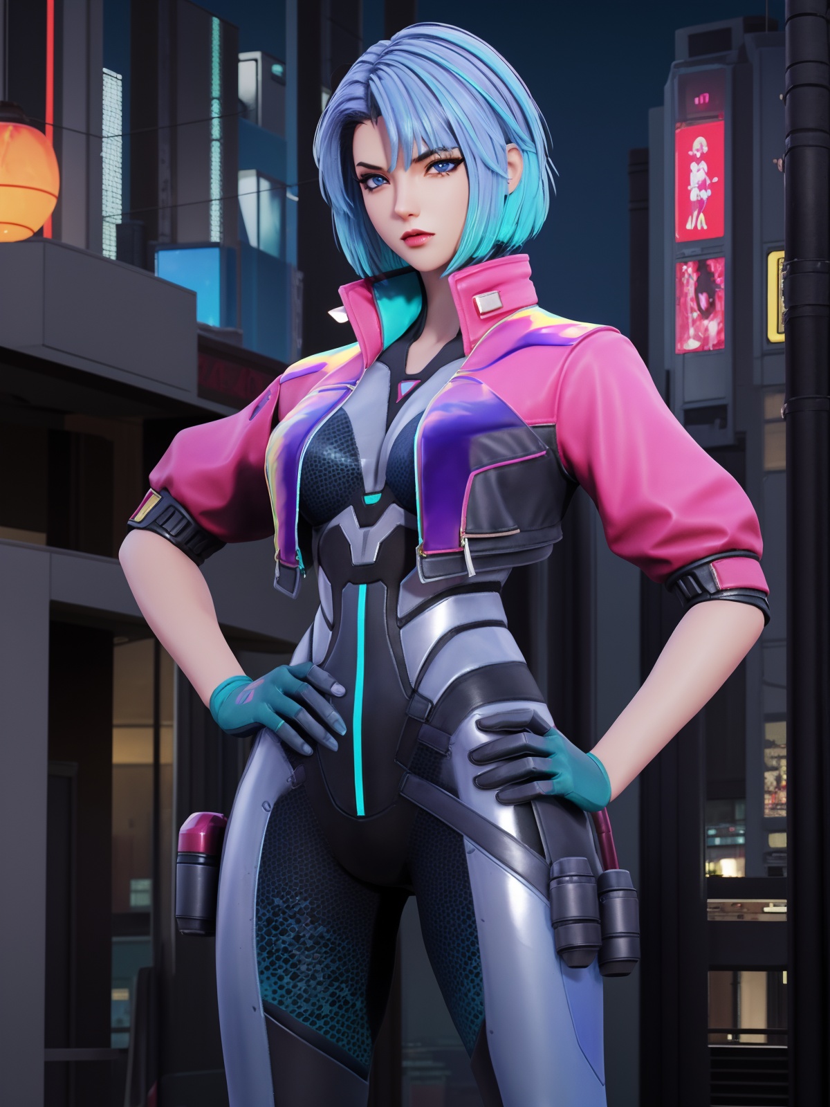 WZRYjingNGZYZ, 1girl, solo, cyberpunk, cyborg, blue hair, short hair, science fiction, gloves, looking at viewer,bodysuit, cropped jacket, blue eyes, multicolored hair, boots, <lora:WZRYjingNGZYZ:0.75>,cityscape, night, hand on hip, 