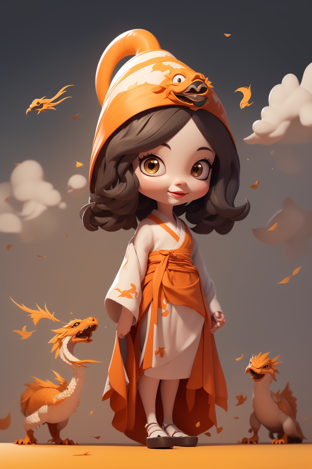(8k, Best Quality, Masterpiece),The 18-year-old Chinese woman, with short hair, a mask, a delicate archaic headdress, wearing a simple long gauze skirt and Hanfu, looks at the audience, behind him is a winding Chinese dragon, clouds, clouds, and an orange sun,sdmai, guofenglong,