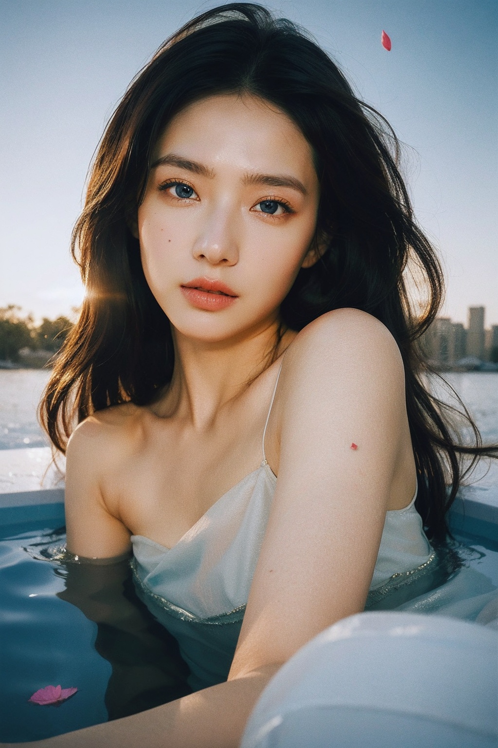 Masterpiece,best quality,official art,very detailed cg 8k wallpaper,outdoor,(petals) (detailed ice),crystal texture skin,cold pressed,long hair,messy hair,blue eyes,looking at the audience,very delicate and beautiful,water,(beautiful eyes),(beautiful face),fine water surface,(original character painting),ultra detailed,Incredibly meticulous,(extremely delicate and beautiful),beautiful and meticulous eyes,(the best quality),<lora:FUJICOLOR Super HR 100:1.1>,