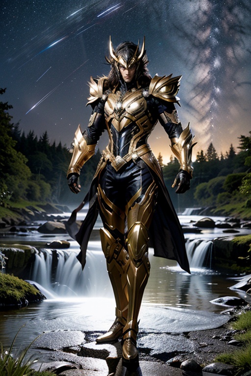 <lora:Hxarmour_00703:0.7>,Tilted head,hxarmour,1[girl|man],(purple armour:1.3),Waterfalls Astral Projection,Gentle Ripple on Water,Babbling Brook,Shooting Star Trail,