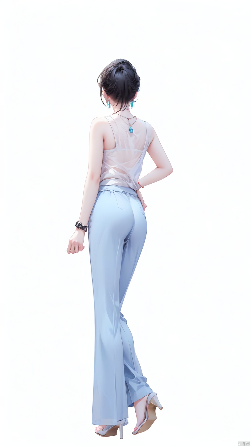1girl, solo, looking at viewer, shirt, black hair, white background, jewelry, standing, jacket, full body, white shirt, earrings, pants, necklace, bracelet, sandals,watch,blue pants, wristwatch——Clear hand contour,Hand intact,Five fingers of the hand are clear, loli<lora:EMS-93-EMS:0.800000>, <lora:EMS-254762-EMS:0.500000>, <lora:EMS-260325-EMS:0.500000>