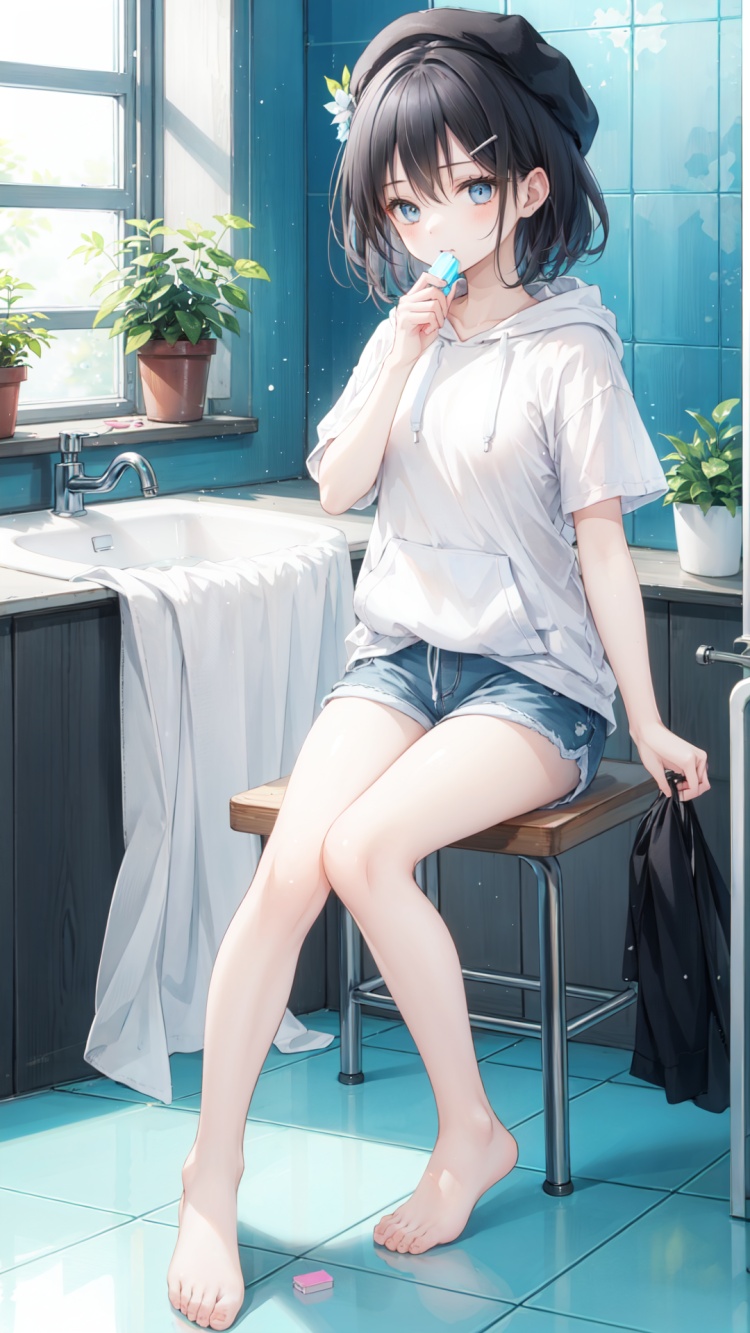 1girl,barefoot,tiles,hood,sitting,shorts,tile wall,indoors,short hair,hoodie,plant,cup,bathroom,holding,reflection,mirror,black hair,hair ornament,potted plant,holding cup,hood down,chair,short sleeves,sink,hairclip,knees up,washing machine,blue shorts,faucet,brushing teeth,tile floor,solo,towel,toothbrush,stool,bangs,hair between eyes,mug,white hoodie,hat,blush,drawstring,