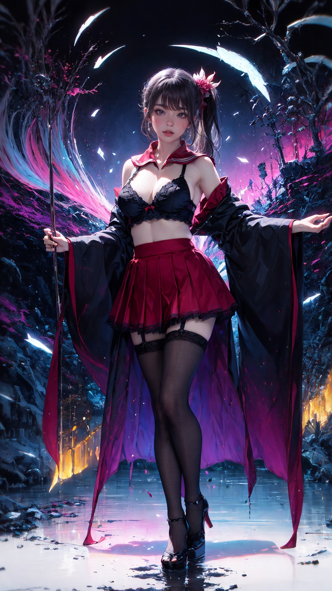 tutututu,red_skirt, school uniform, black_bra, underwear, lingerie, midriff, red_sailor_collar, high heels,(black pantyhose), High Quality, Masterpiece,  aesthetic, 8k unreal engine photorealism, ethereal lighting, purple, nighttime, darkness, surreal art, fantasy, glowing, night, (dark environment), Nakiri Ayame, long hair, side ponytail, AyameNewYears, red kimono, floral print, hair flower, sash, wide sleeves, white background, scenery, ink, mountains, water, trees, full body, Unleash a spectrum of colors in a frenetic display, with energetic brushstrokes, splattering paints, and wild color combinations colliding in a truly chaotic manner, <lora:tutuZFV5_00004:0.8> 