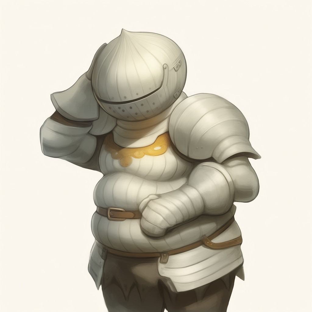 A digital illustration depicts Siegmeyer of Catarina,  a portly knight clad in bulbous white armor. The character is rende...